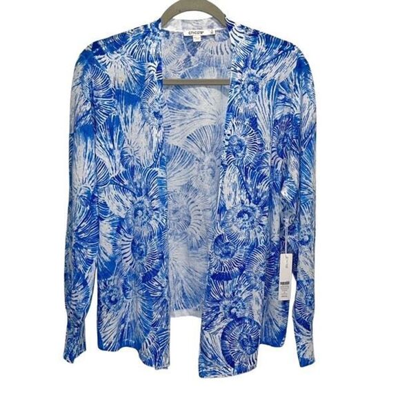 Chico's Womens Seashell Swirl Open Front Cardigan Sweater Poolside Blue Sz 4 NWT - Picture 2 of 9